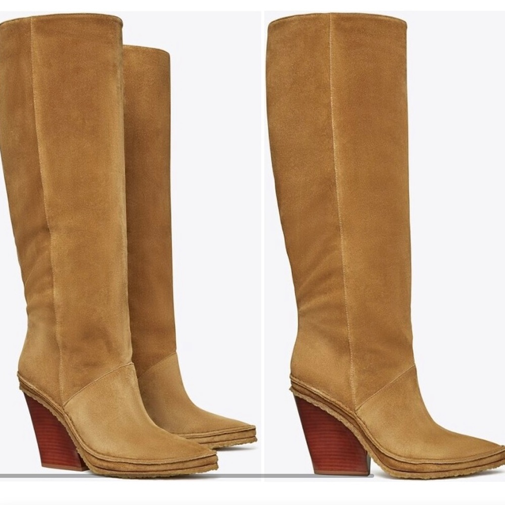NWT- TORY BURCH LILA HEELED TALL BOOT ALCE NATURAL SUEDE